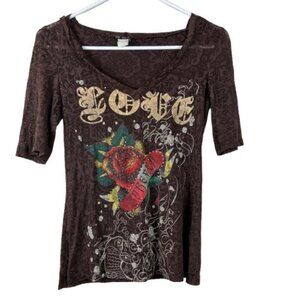 VTG Y2K Lia Lee Hooded Burnoout  Beaded Graphic Tee Sheer Sz Small Streetwear